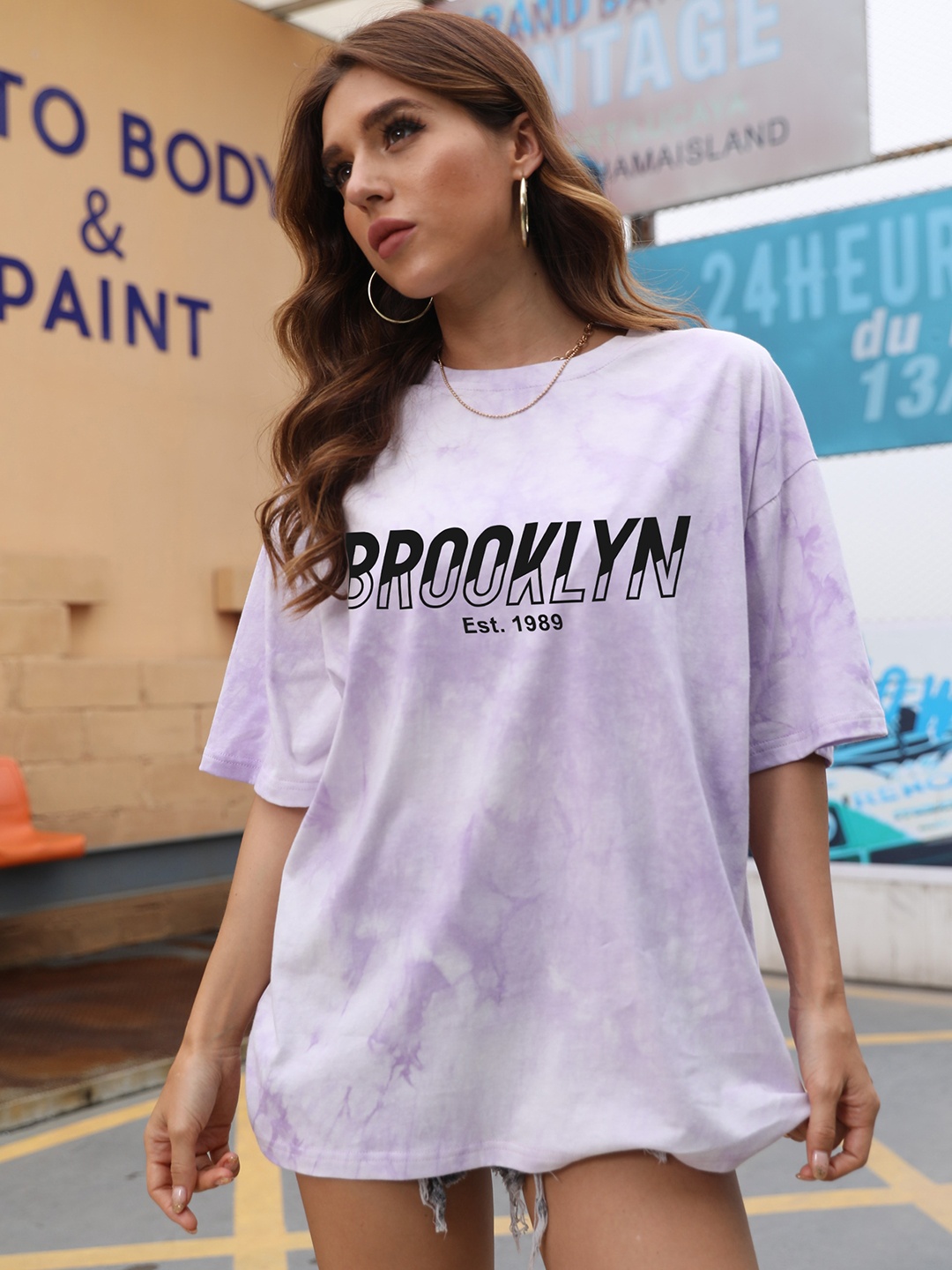 

URBANIC Women Purple & Black Cotton Dyed Effect Drop-Shoulder Sleeves T-shirt