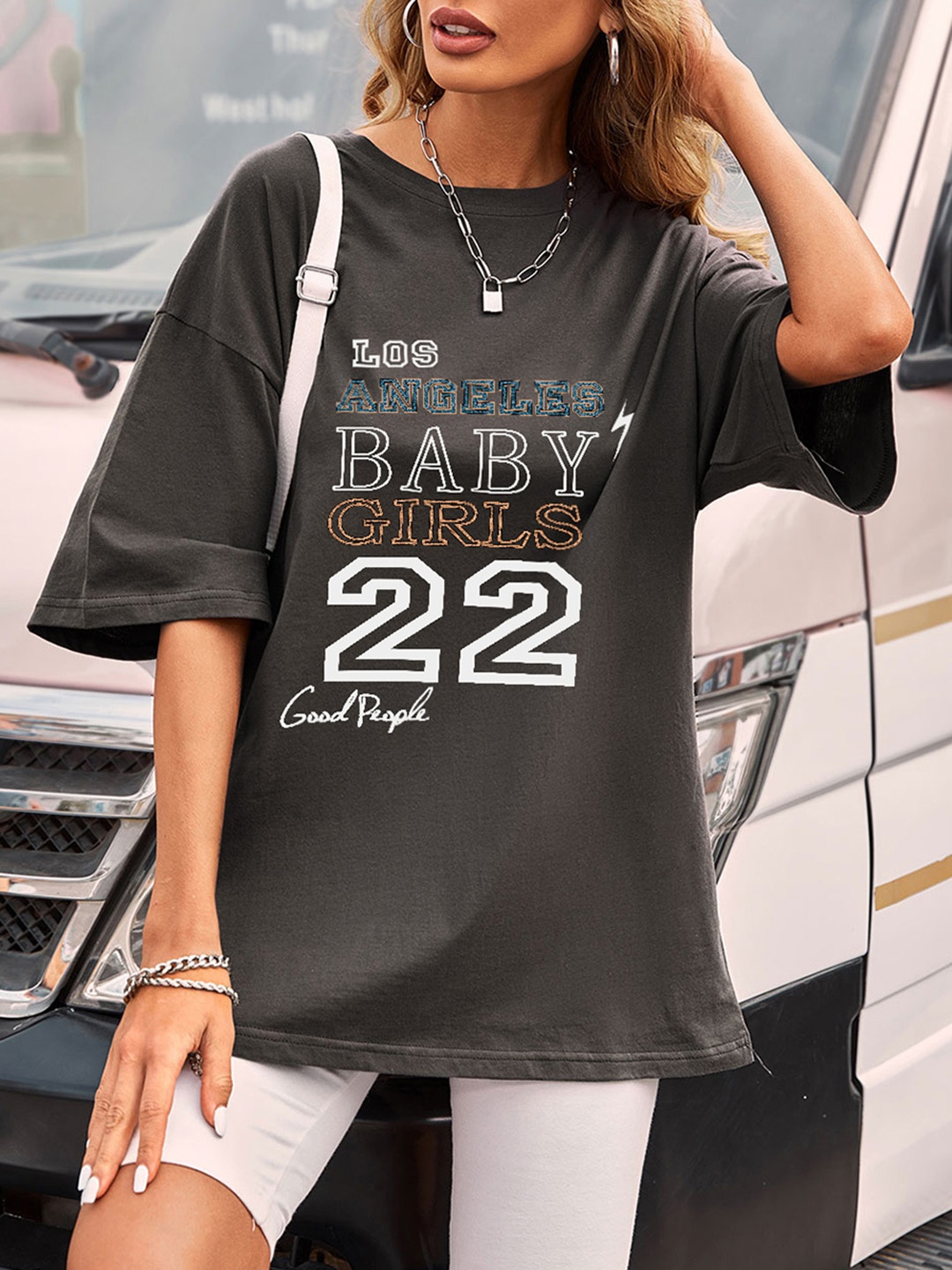 

URBANIC Women Charcoal Grey & White Typography Printed Cotton T-shirt
