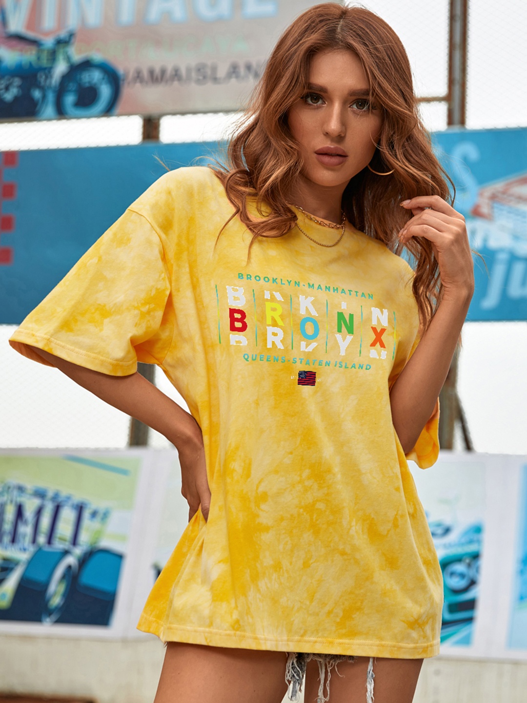 

URBANIC Women Mustard Yellow & White Dyed With Print Detail Cotton T-shirt