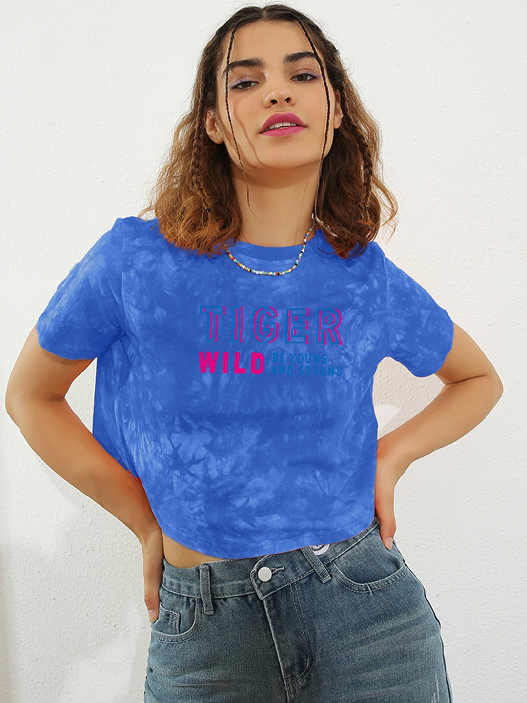 

URBANIC Women Blue & Pink Typography Printed Cotton T-shirt