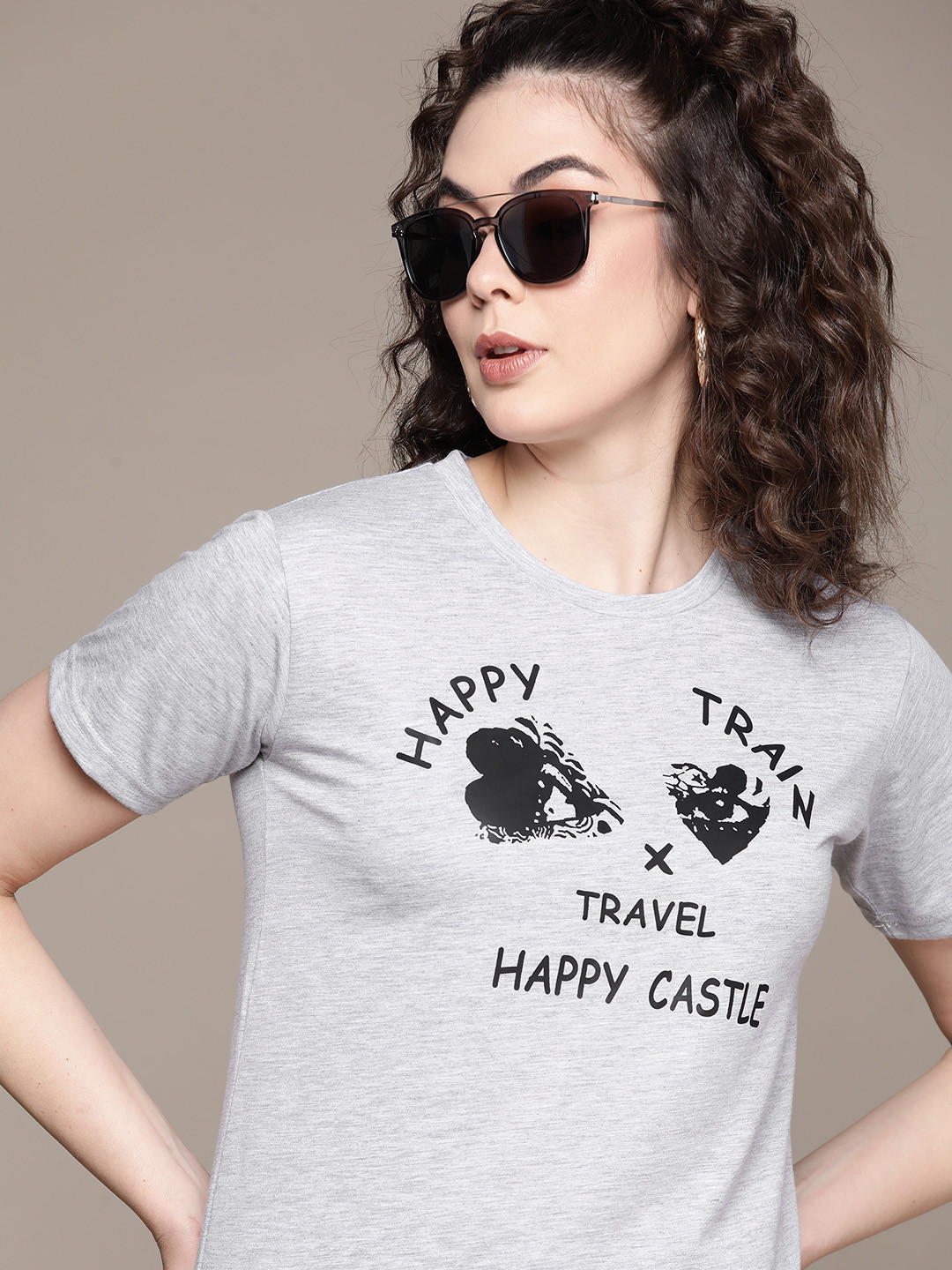 

URBANIC Women Grey Melange Printed T-shirt