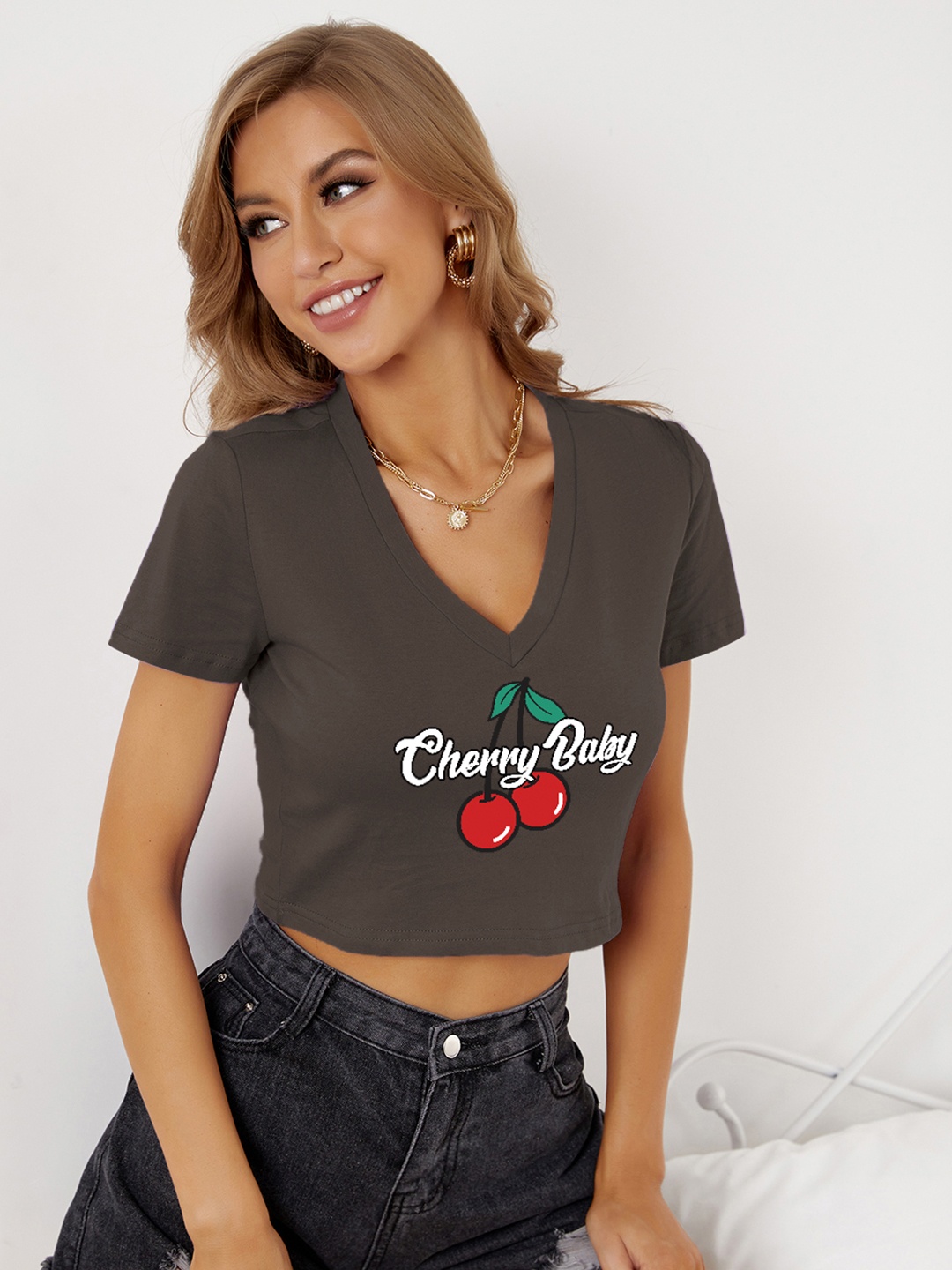 

URBANIC Women Charcoal & White Typography Printed V-Neck T-shirt