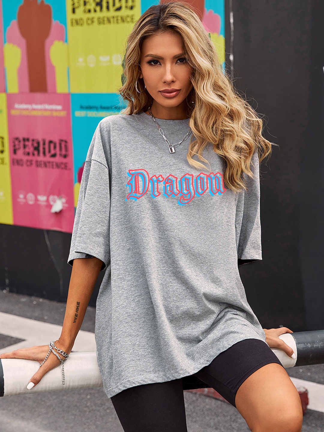 

URBANIC Women Grey Typography Printed Drop-Shoulder Sleeves T-shirt