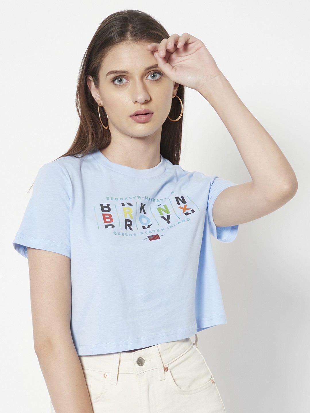 

URBANIC Women Blue Typography Printed Crop T-shirt