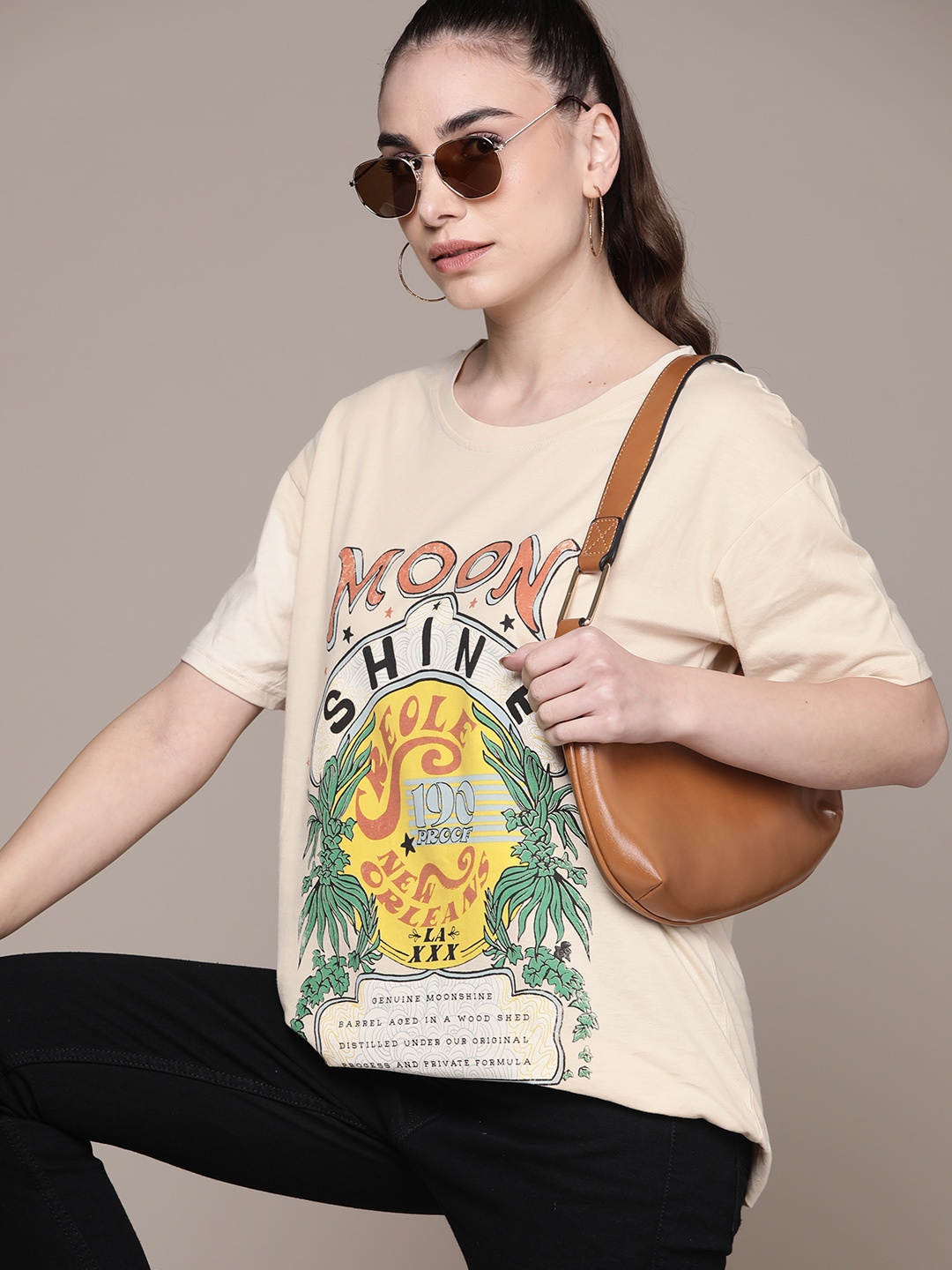 

URBANIC Women Beige & Yellow Graphic Print Round Neck T-shirt