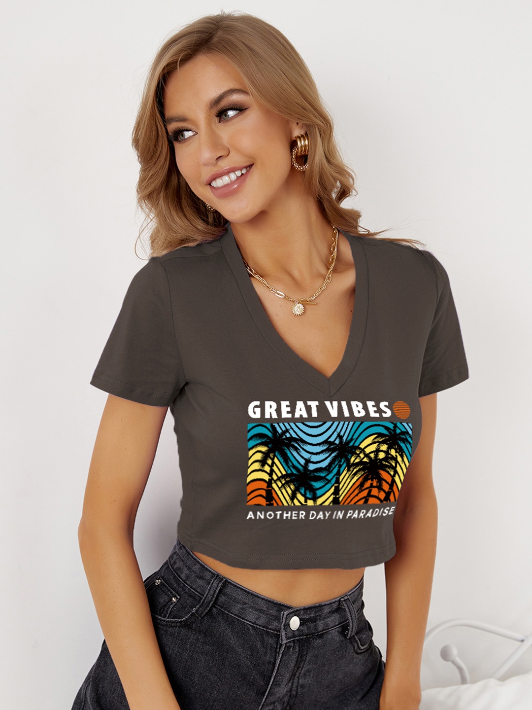 

URBANIC Women Charcoal Grey & White Typography Print V-Neck Cotton Crop T-shirt