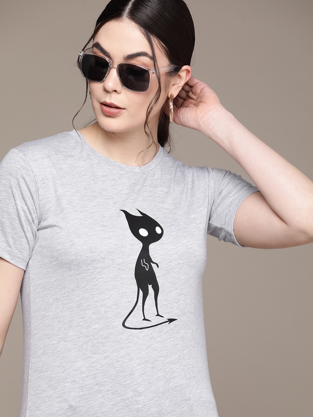 

URBANIC Women Grey Melange Printed T-shirt