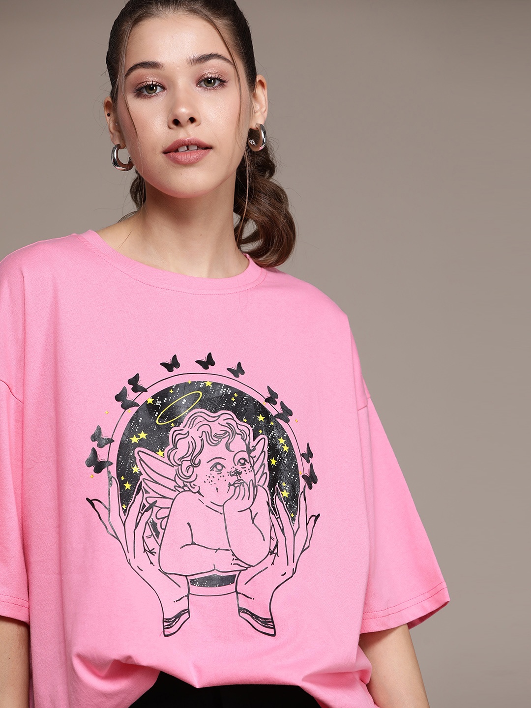 

URBANIC Women Pink & Blue Pure Cotton Butterfly Print T-shirt