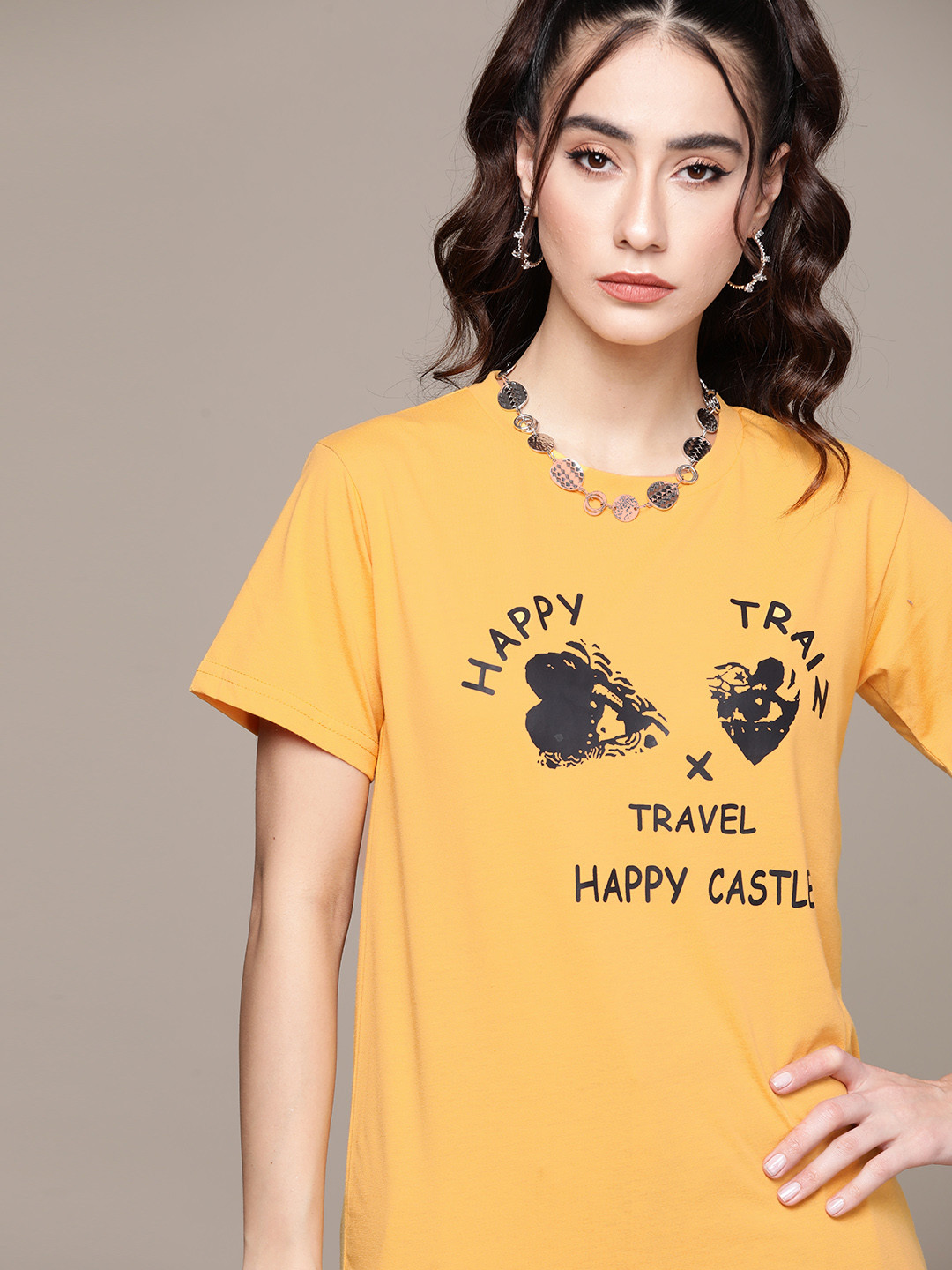

URBANIC Women Mustard Yellow Printed T-shirt