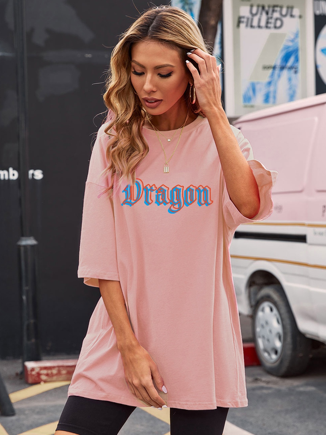 

URBANIC Women Dusty Pink & Blue Typography Print Cotton Extra Relaxed Fit Longline T-shirt