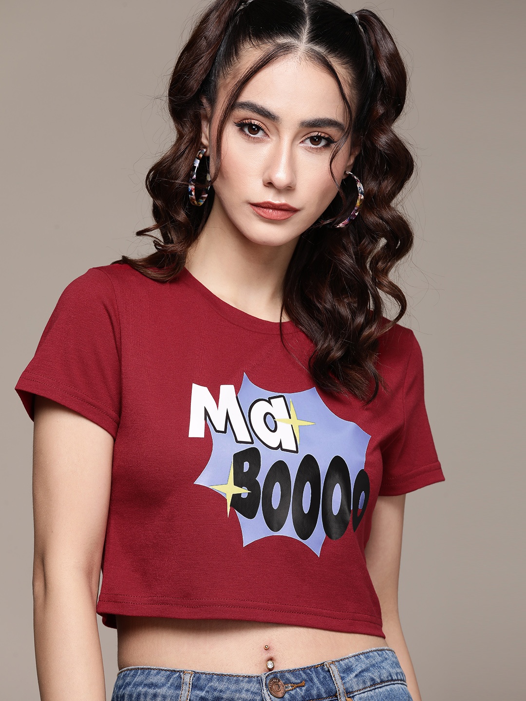 

URBANIC Women Maroon Typography Printed Crop T-shirt