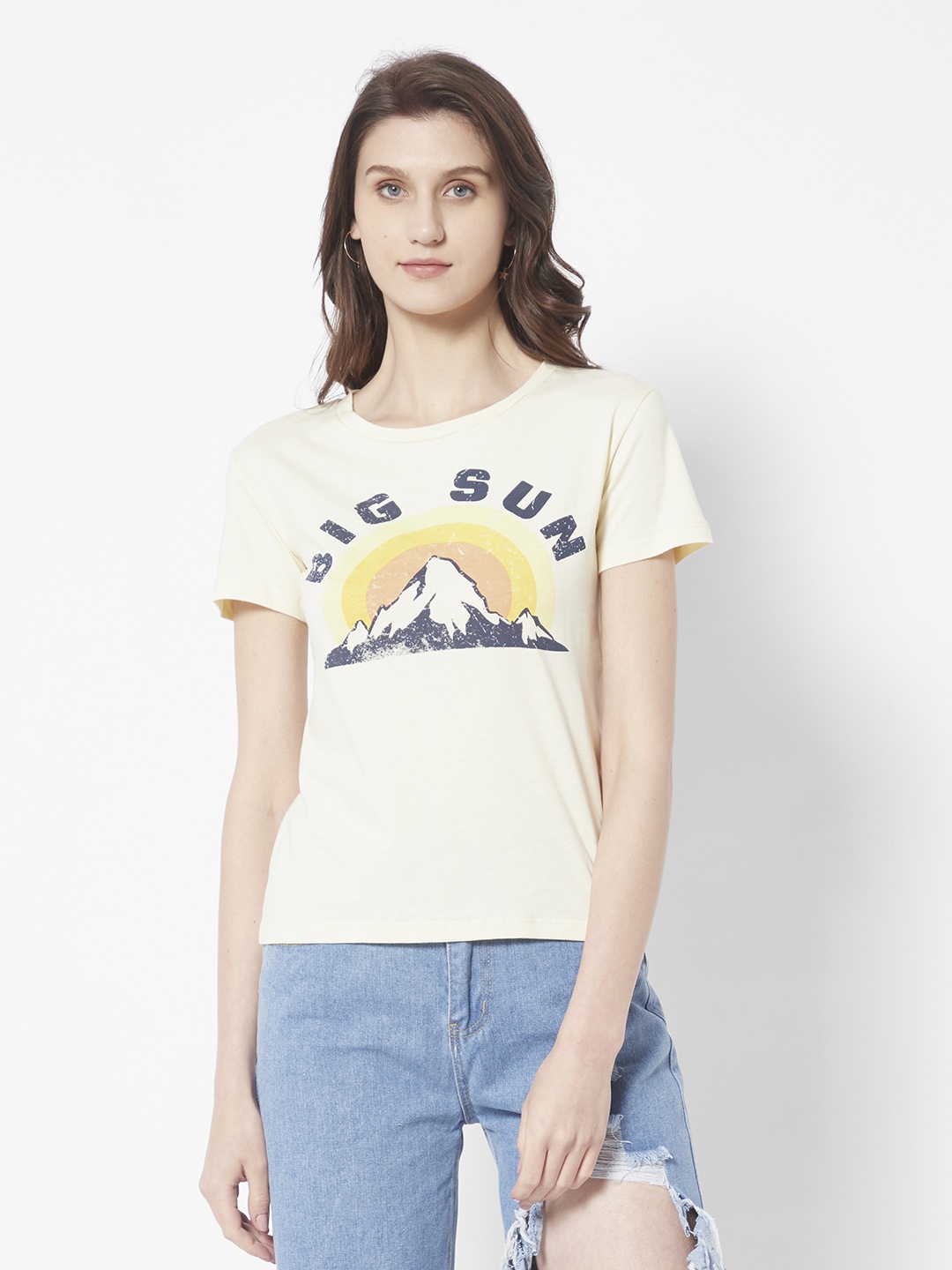 

URBANIC Women Cream & Navy Blue Graphic Printed T-shirt