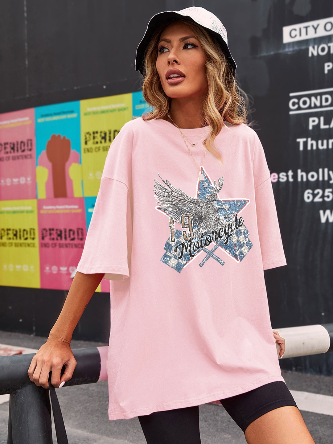 

URBANIC Women Pink Printed Drop-Shoulder Sleeves T-shirt