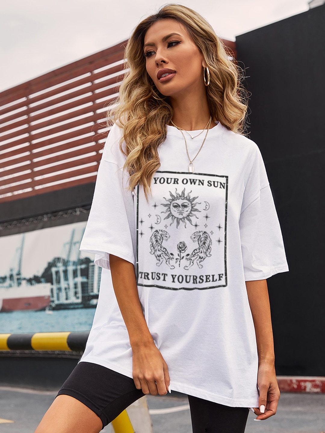 

URBANIC Women White & Black Graphic Print Pure Cotton T-shirt