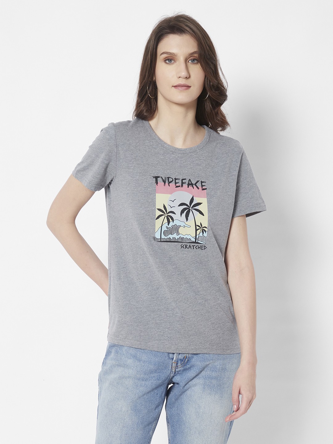 

URBANIC Women Grey Melange & Black Tropical Printed T-shirt