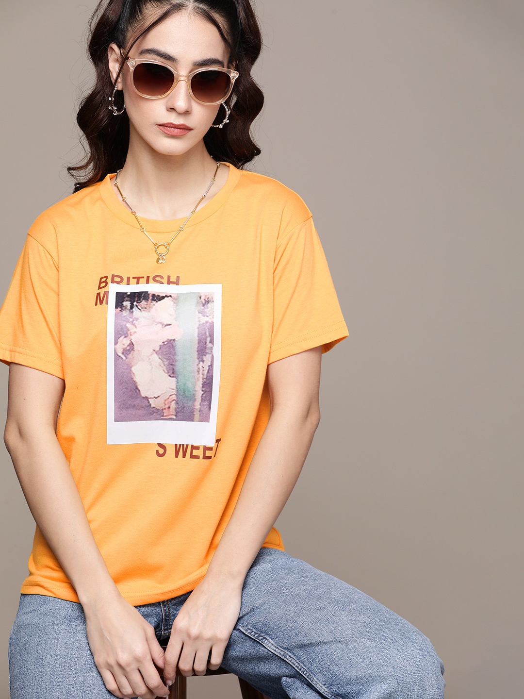 

URBANIC Women Mustard Yellow Printed T-shirt