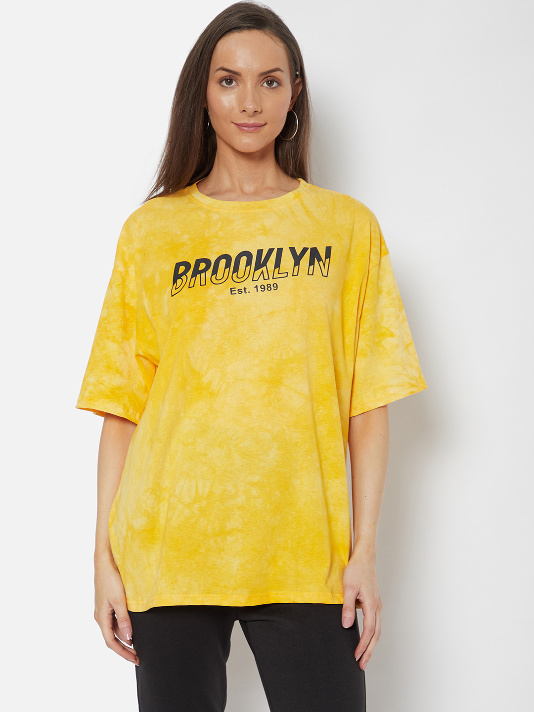 

URBANIC Women Mustard Yellow & Black Typography Printed Drop-Shoulder Sleeves T-shirt