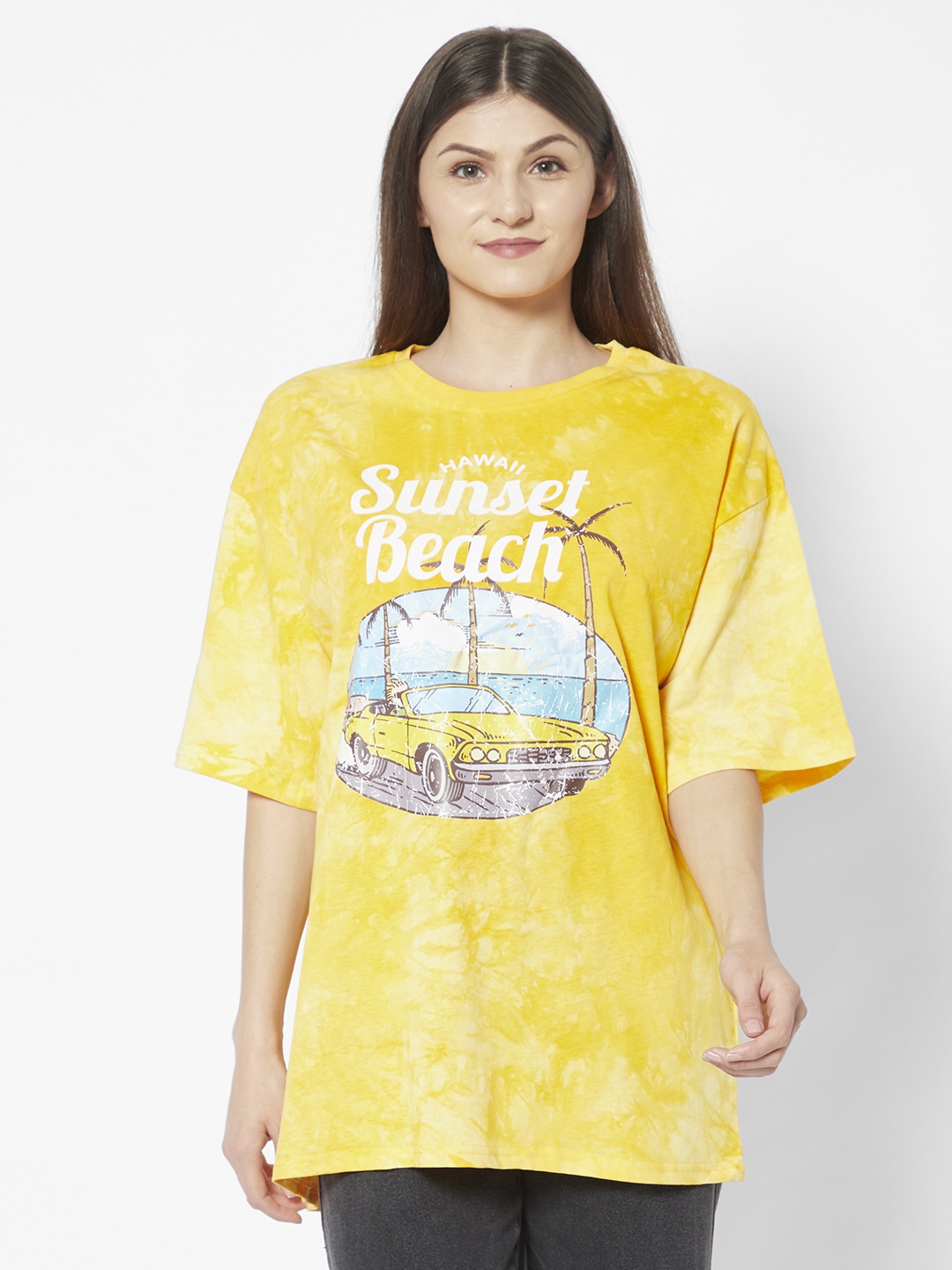 

URBANIC Women Yellow & White Graphic Printed Drop-Shoulder Sleeves T-shirt
