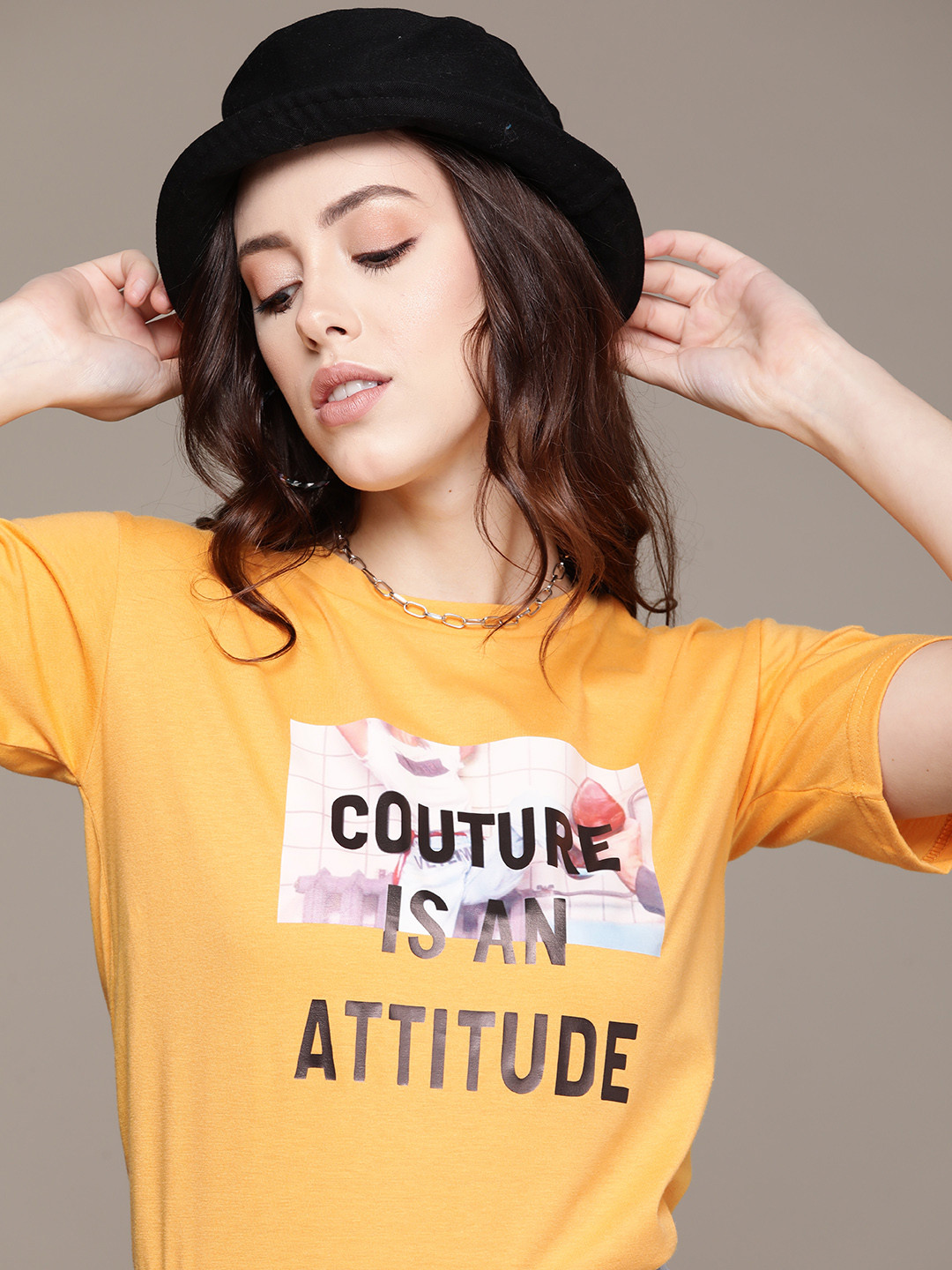 

URBANIC Women Yellow Typography Printed T-shirt