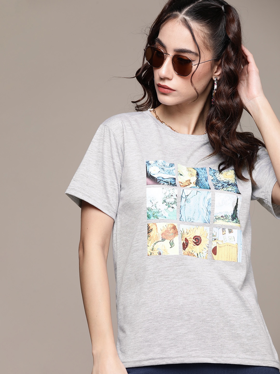 

URBANIC Women Grey Melange & Blue Printed T-shirt