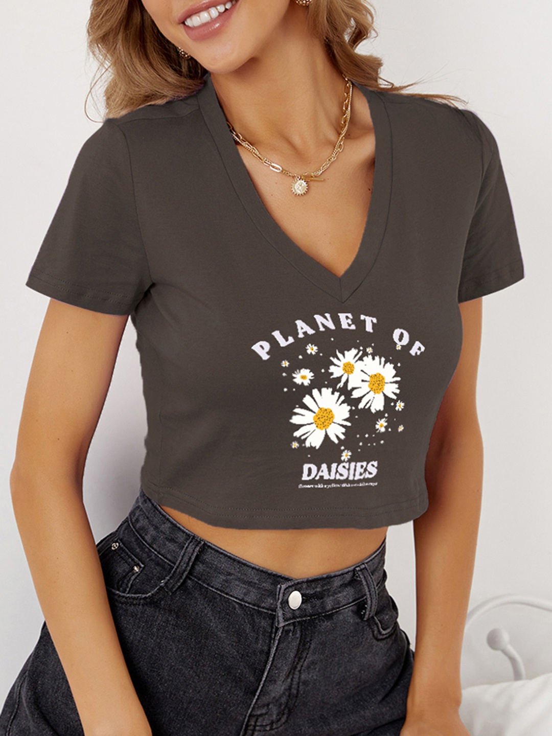 

URBANIC Women Charcoal Grey & White Typography Printed V-Neck Cotton T-shirt