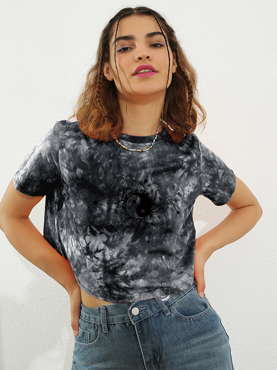 

URBANIC Women Black & White Cotton Dyed Effect T-shirt