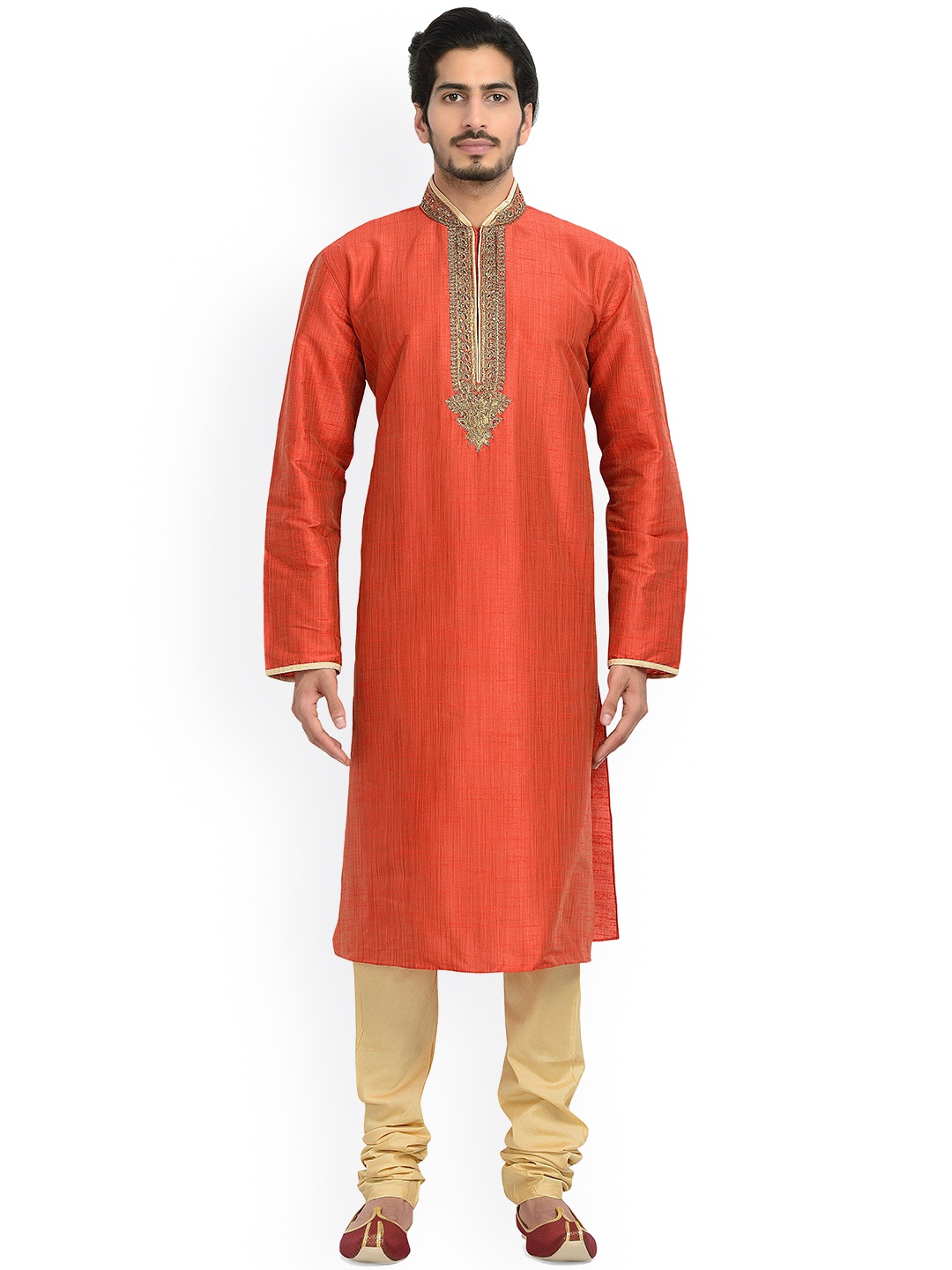 

Manyavar Men Red Yoke Design Beads and Stones Kurta with Pyjamas