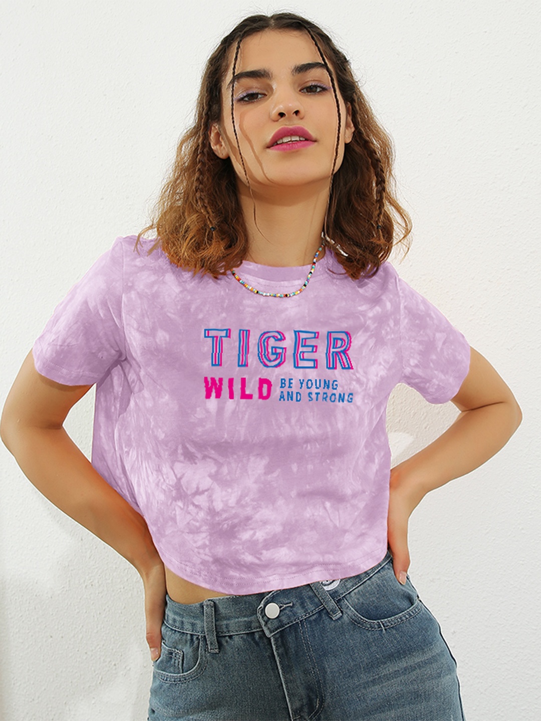 

URBANIC Women Lavender Typography Print Detail Dyed Cotton T-shirt