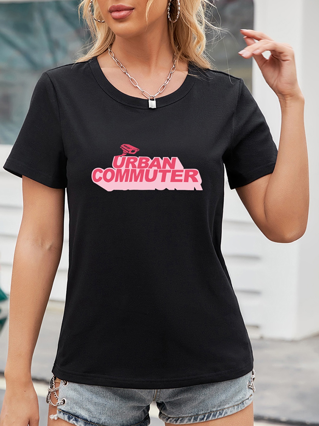 

URBANIC Women Black & Pink Typography Printed T-shirt