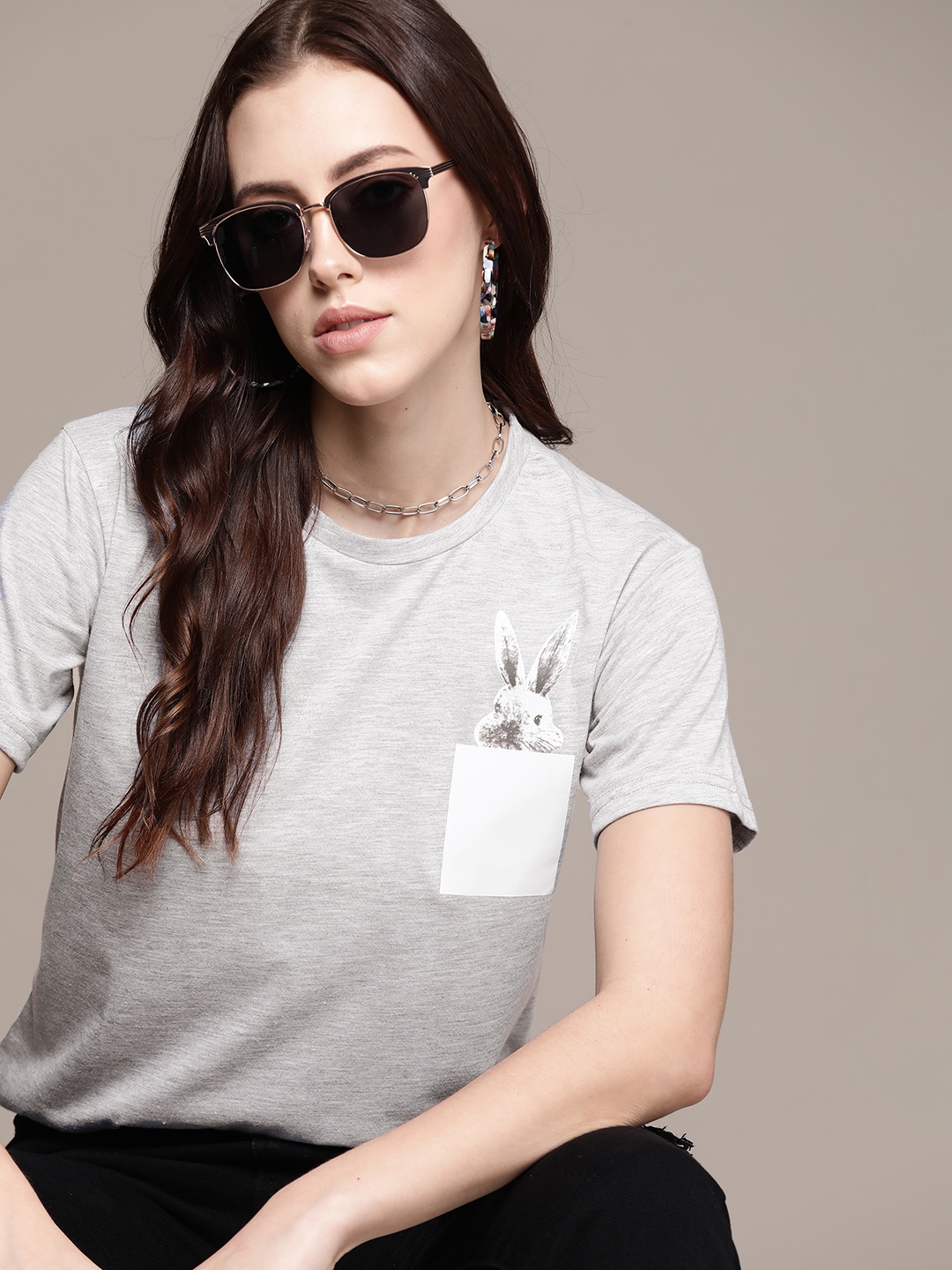 

URBANIC Women Grey Melange & Off-White Bunny Print T-shirt