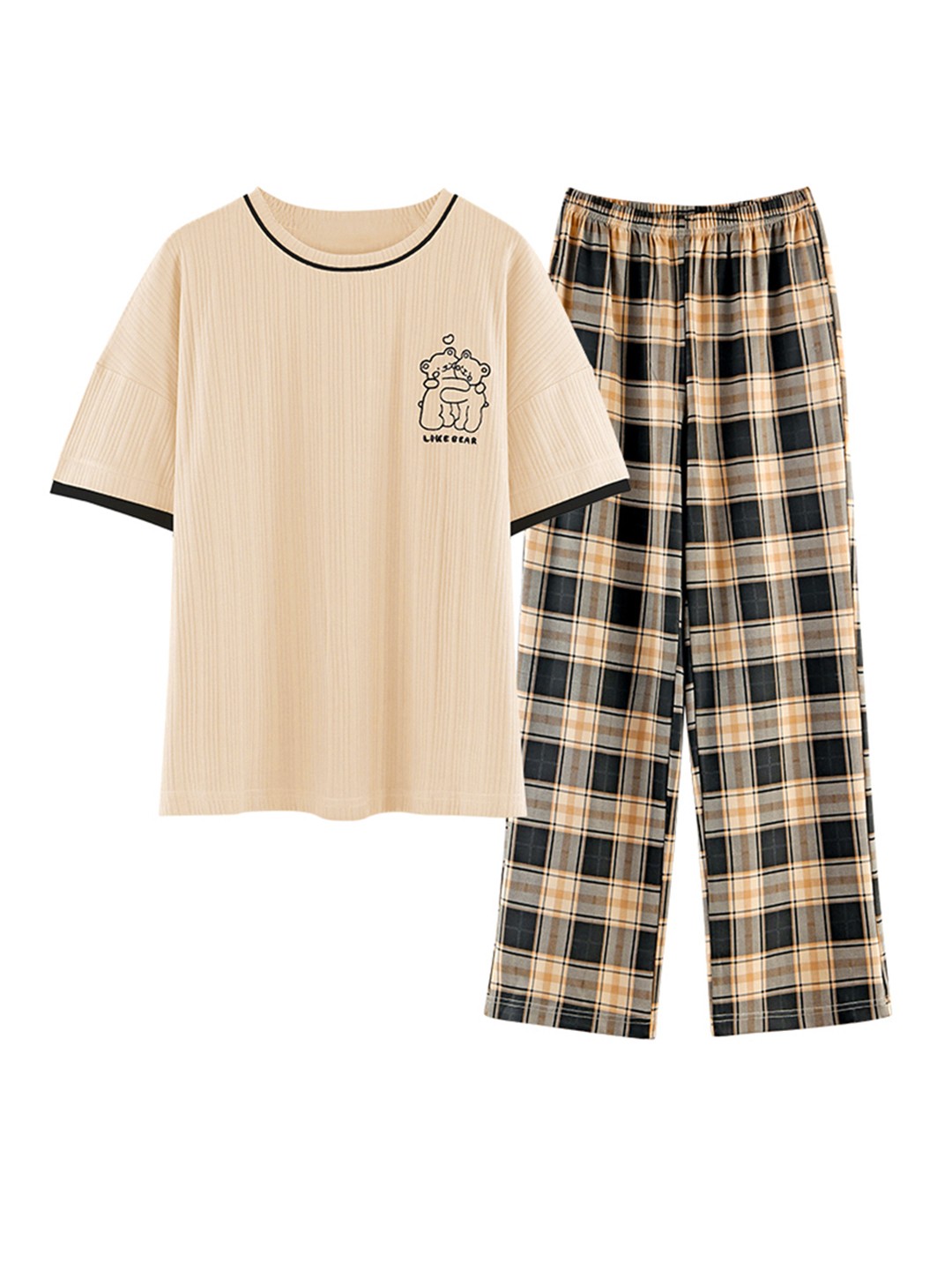 

URBANIC Women Beige & Black Cotton Self-Striped Pyjama Set