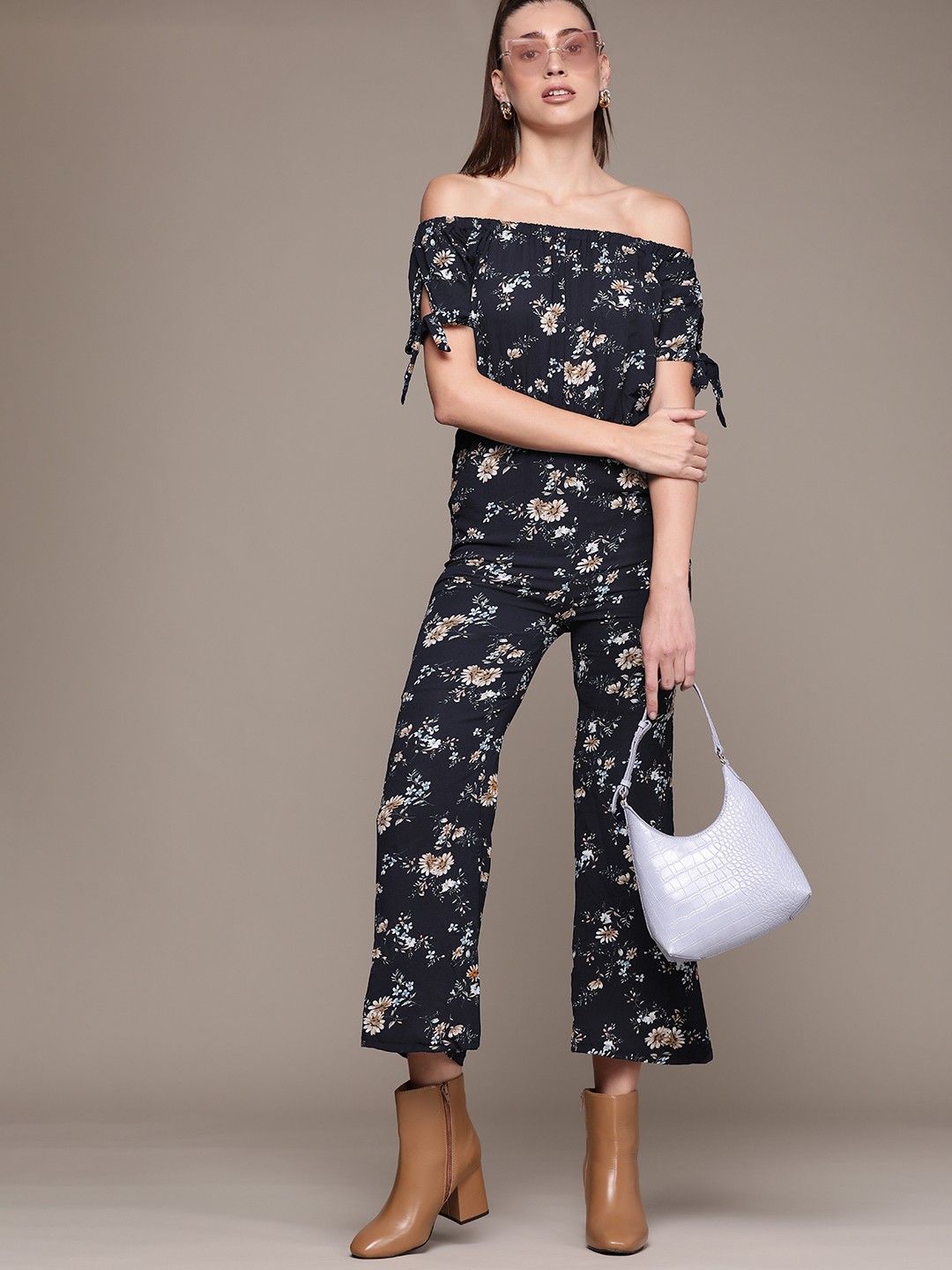 

URBANIC Navy Blue & Green Off-Shoulder Floral Printed Basic Jumpsuit
