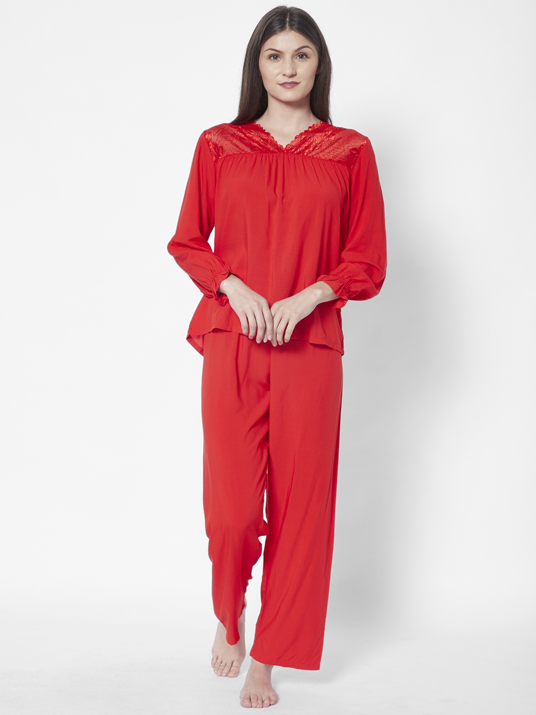 

URBANIC Women Red Solid Contrast Lace Pyjama Set