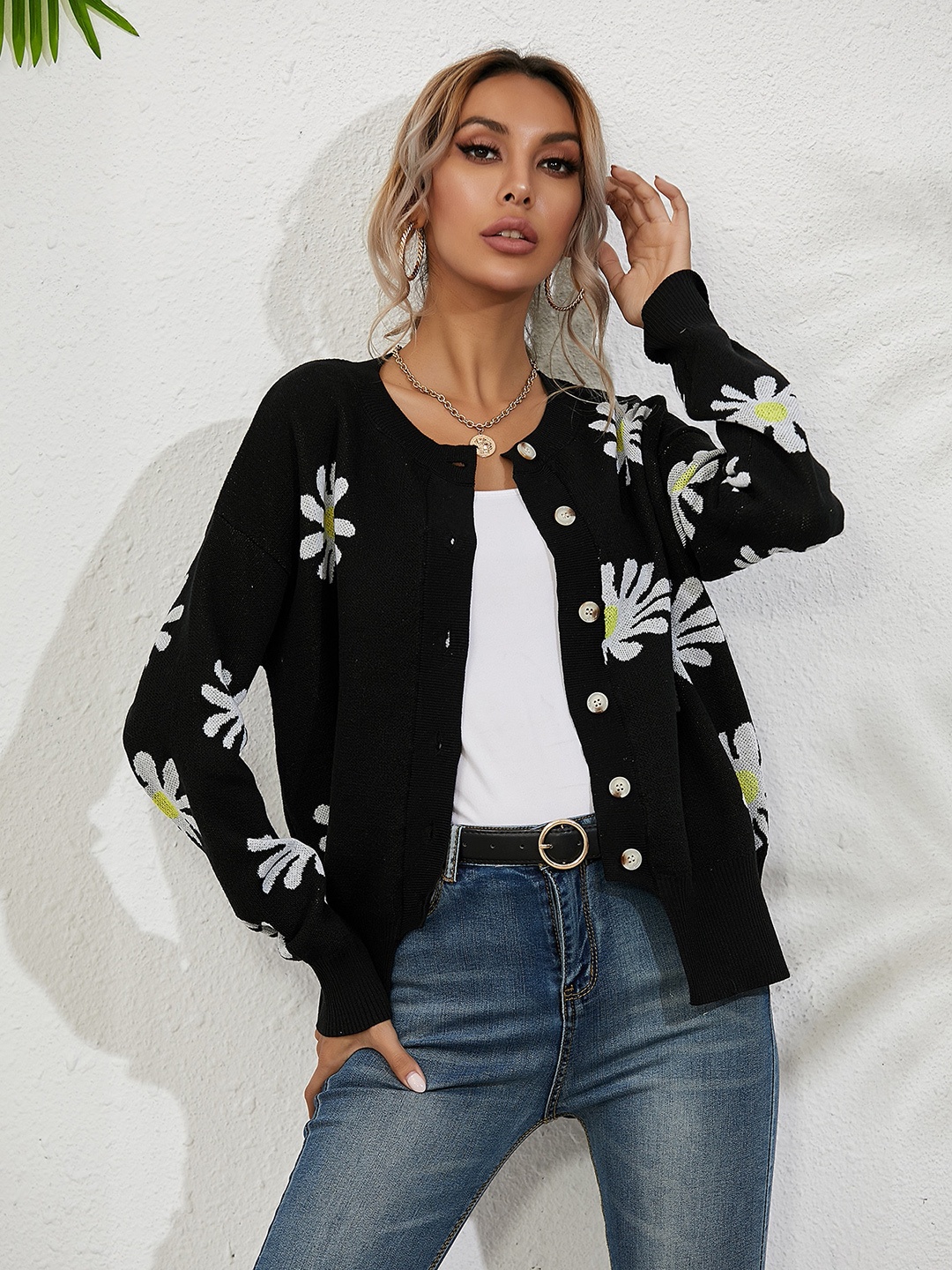 

URBANIC Women Black & White Floral Self-Design Cardigan