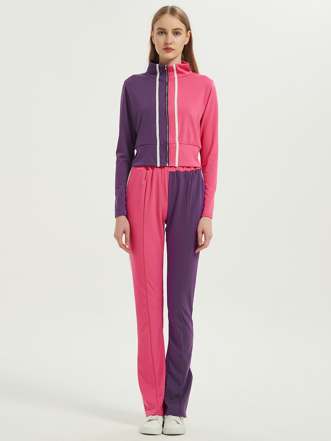 

URBANIC Women Purple & Pink Colourblocked Sweatshirt with Track Pants