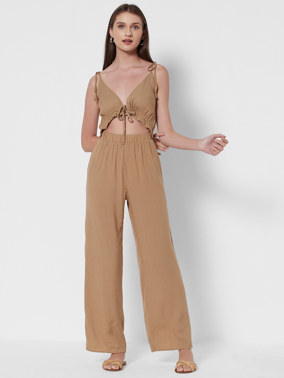 

URBANIC Beige Cut-Out Basic Jumpsuit with Tie-Ups