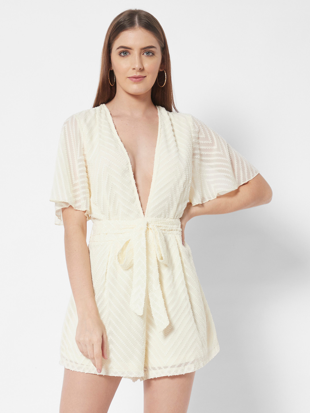 

URBANIC Off White Self-Design Plunge V-Neck Playsuit with Belt