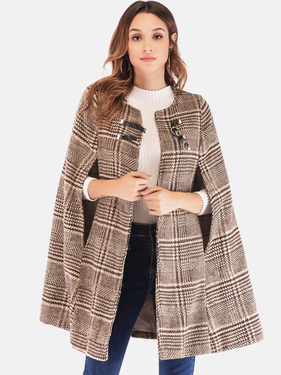 

URBANIC Women Beige & Coffee Brown Houndstooth Patterned Cape Coat