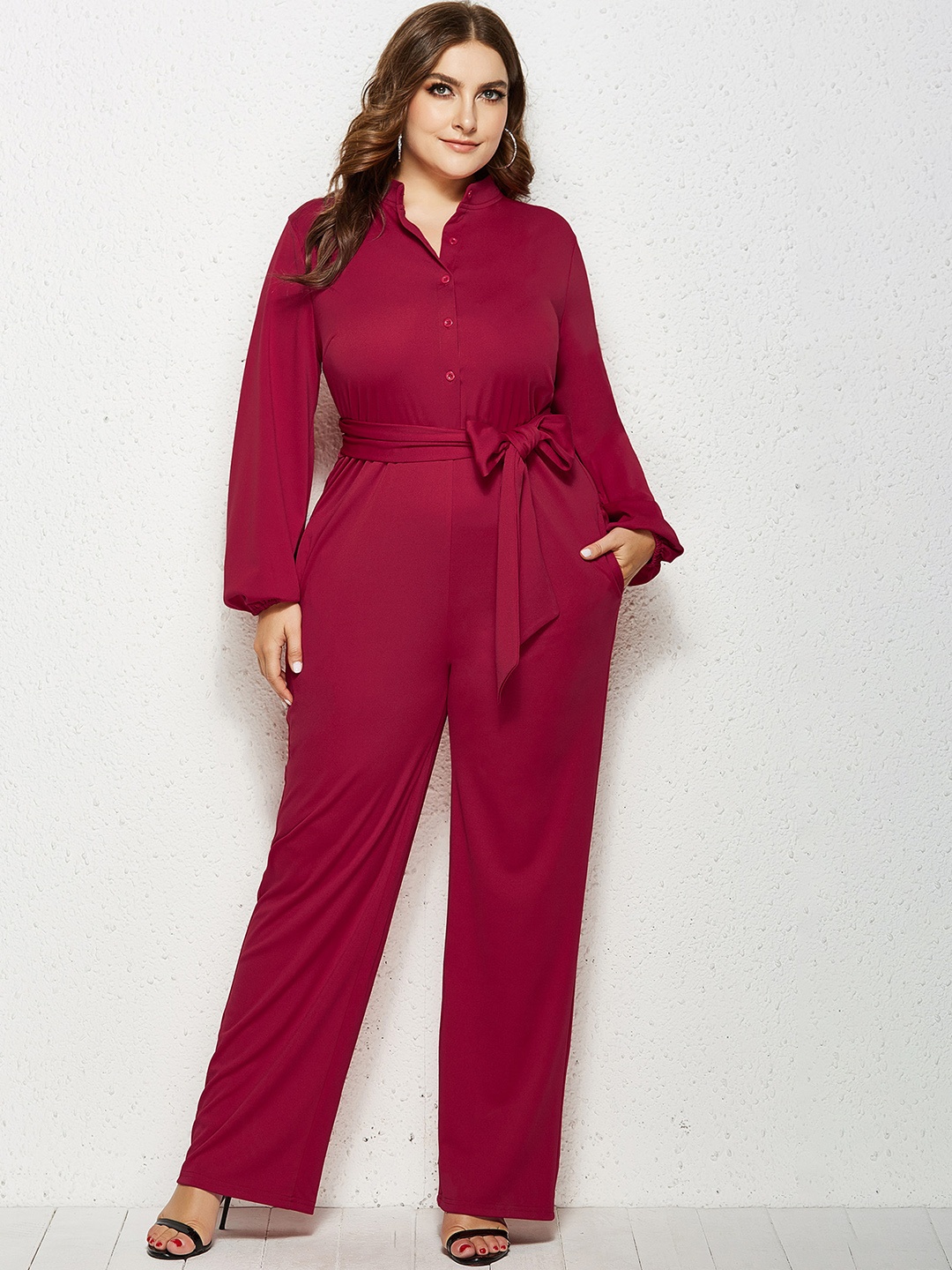 

URBANIC Women Plus Size Maroon Solid Belted Jumpsuit
