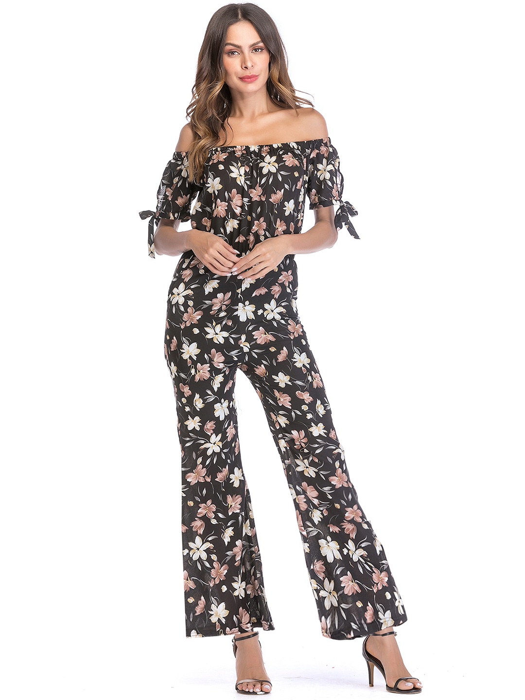 

URBANIC Navy Blue & Brown Off-Shoulder Printed Basic Jumpsuit