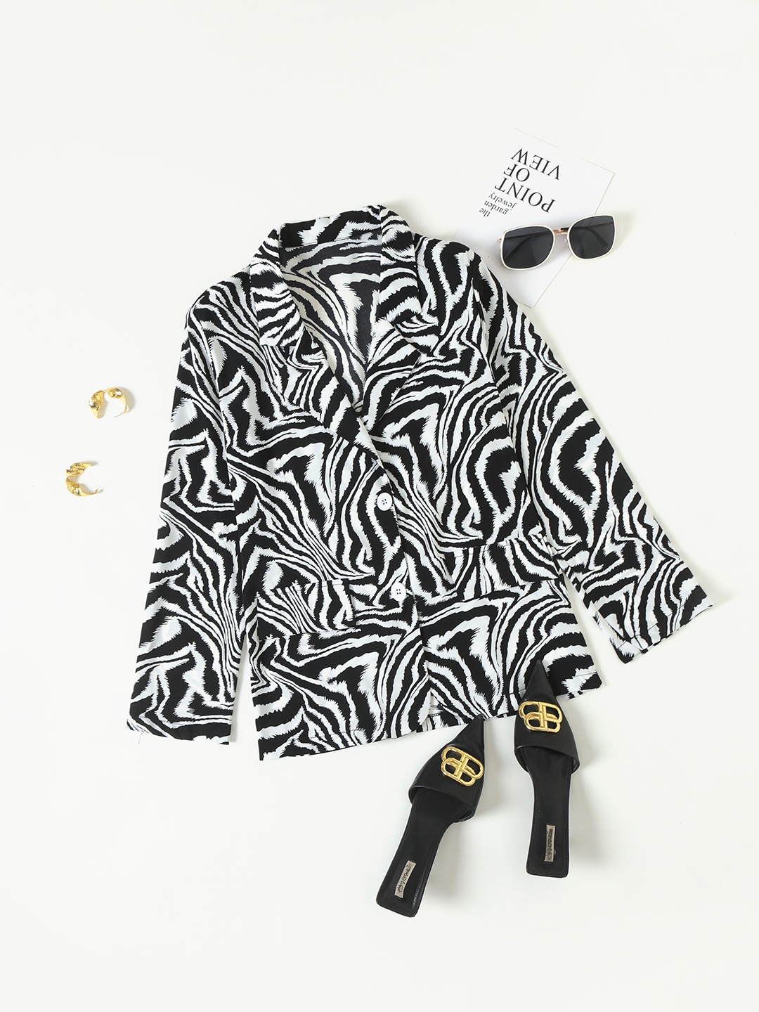 

URBANIC Women Black & White Animal Print Lapel Collar Blazer