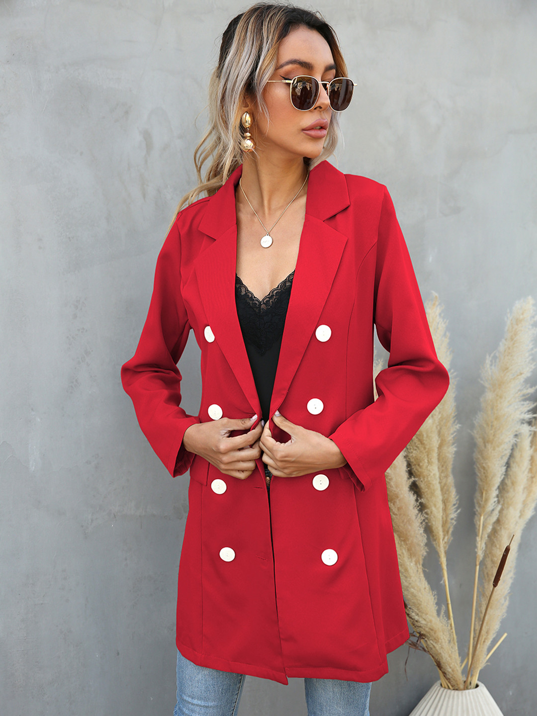 

URBANIC Women Red Solid Double Breasted Overcoat with Belt