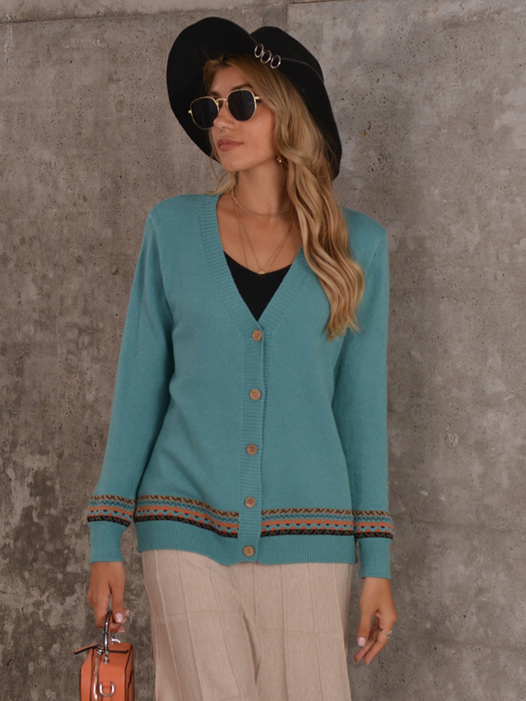 

URBANIC Women Blue Acrylic Solid Cardigan with Embroidered Detail