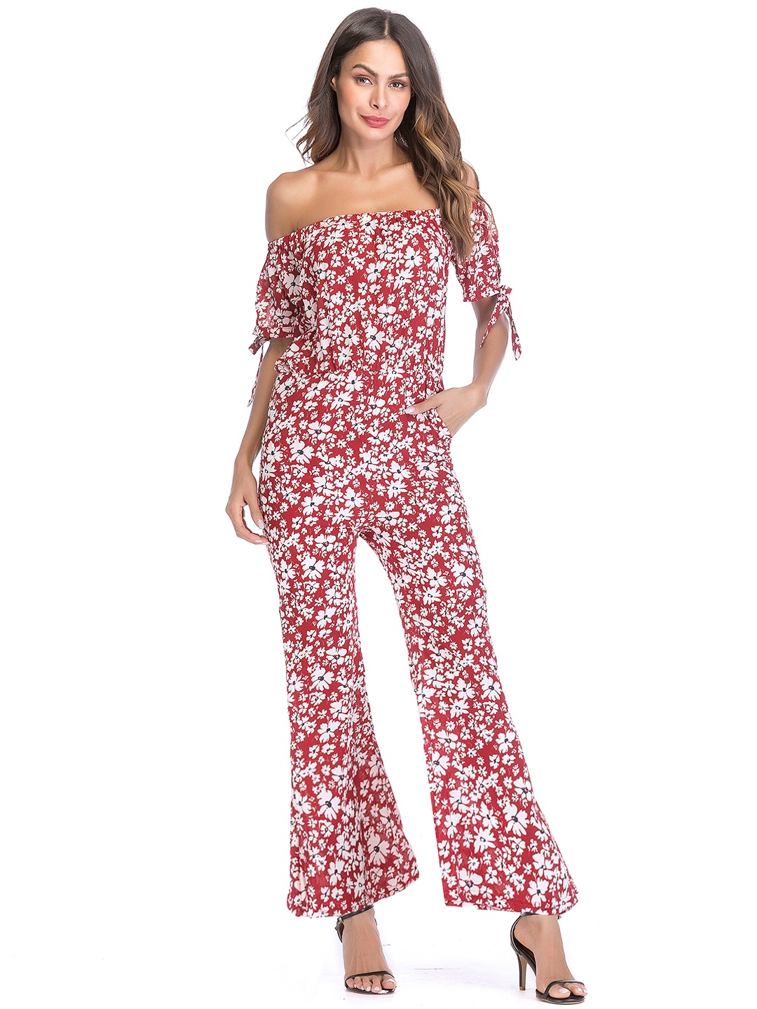 

URBANIC Red & White Off-Shoulder Printed Basic Jumpsuit