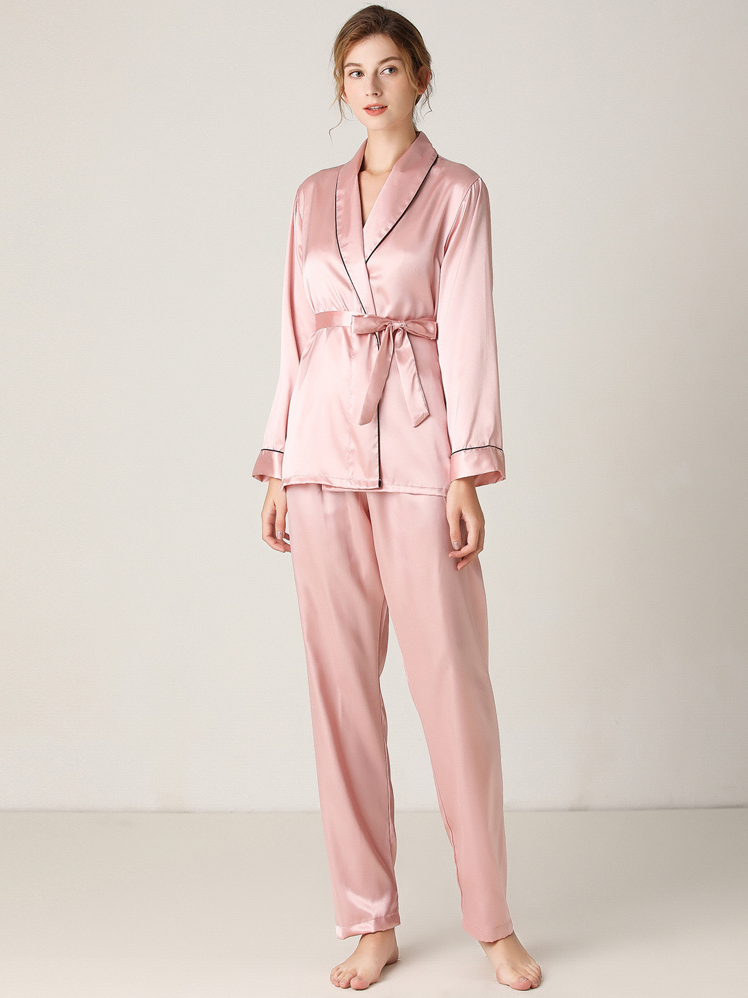 

URBANIC Women Pink Satin Finish Pyjama Set with Belt