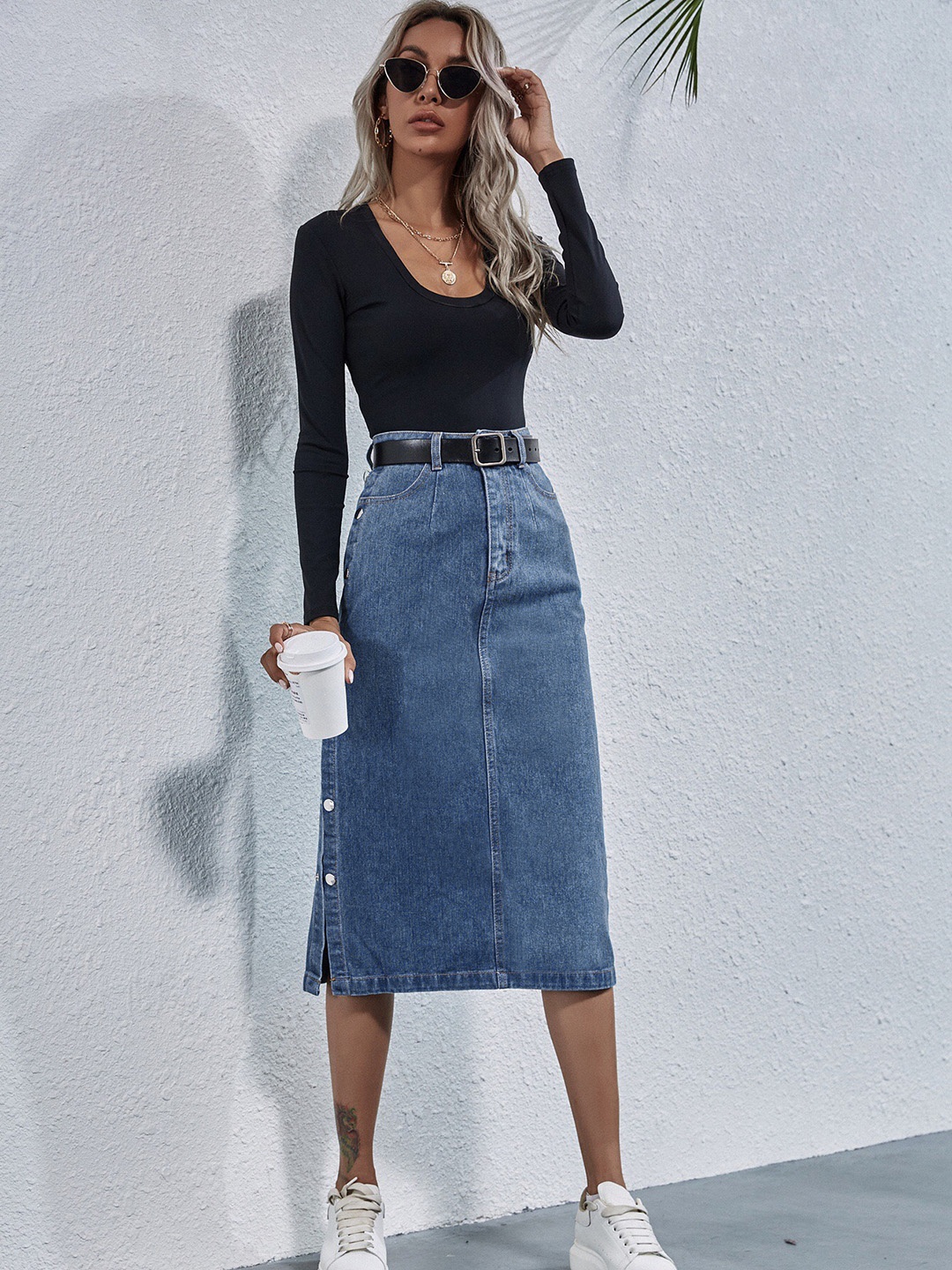 

URBANIC Women Blue Solid Cotton Denim Midi A-Line Skirt with Side Slits