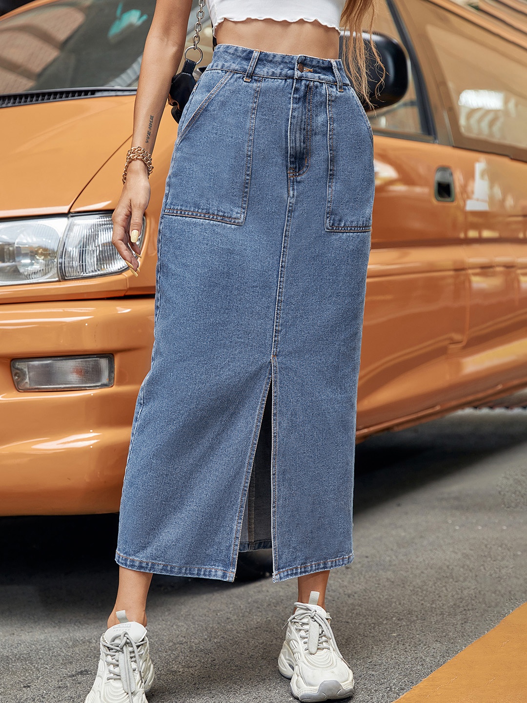 

URBANIC Women Blue Cotton Solid Midi Denim Front Slit A-Line Skirt