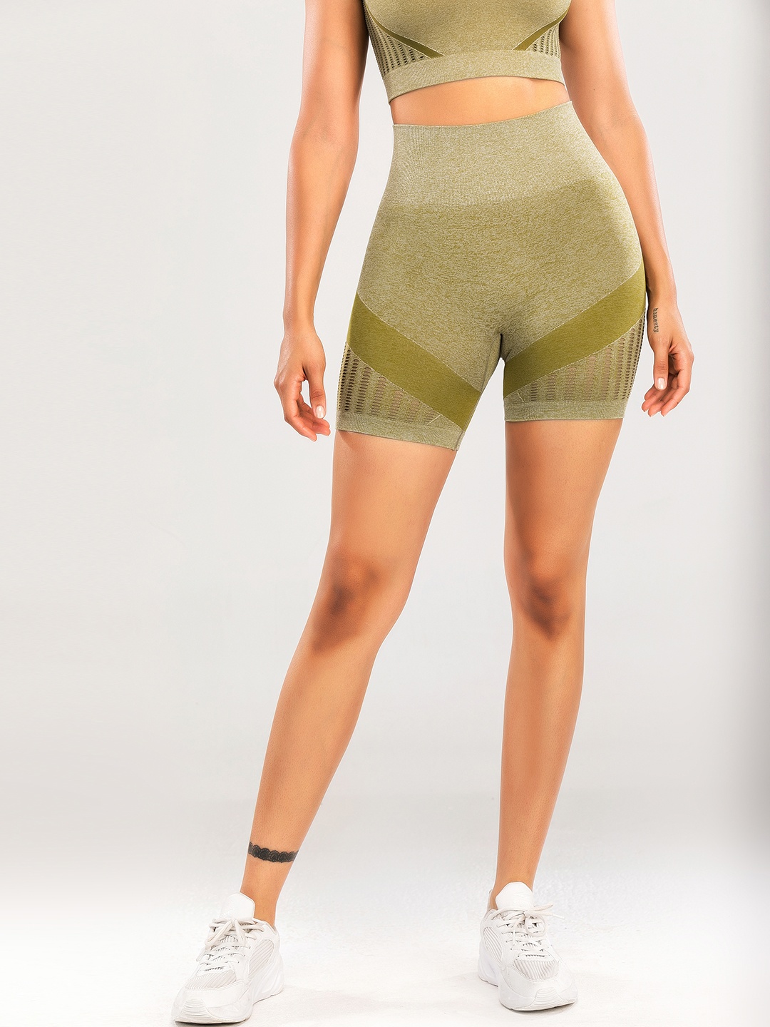 

URBANIC Women Green Striped Detail Slim Fit High-Rise Gym Shorts