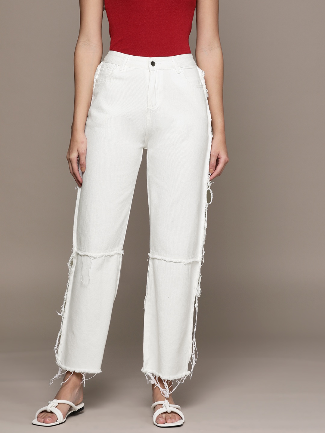 

URBANIC Women White Cotton Frayed Jeans