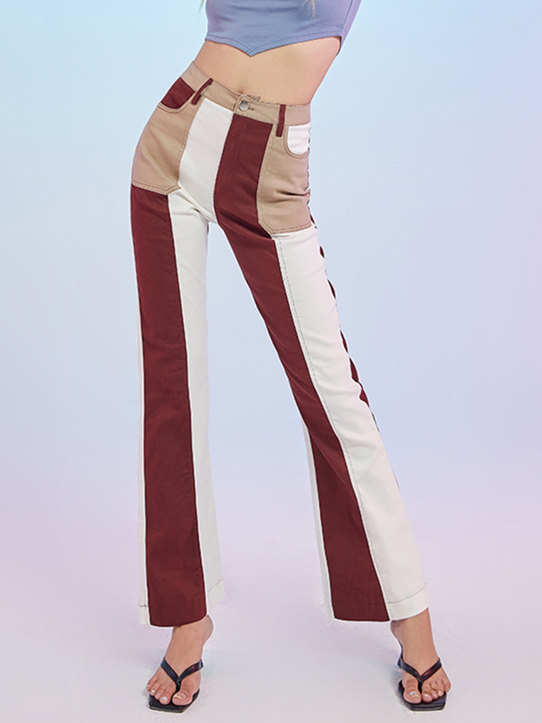 

URBANIC Women Brown & White Colourblocked Pure Cotton High-Rise Jeans